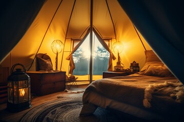 Late dawn glamping in large yellow tent with cozy bed and small lamp. Generative AI