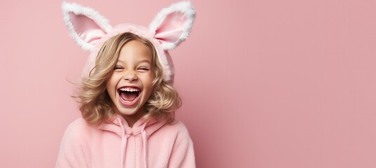 Cute Young Girl Dressed as a Bunny for Halloween on an Pink Banner with Space for Copy