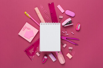 Various school stationery with space for text on color background, top view