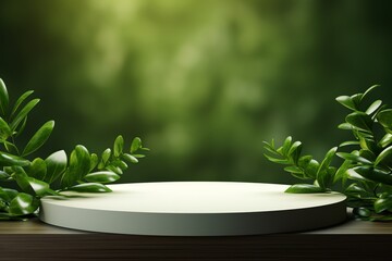 Abstract natural organic green scene with geometric wood podium display background for product presentation, mock up, cosmetic product stand, 3d rendering.