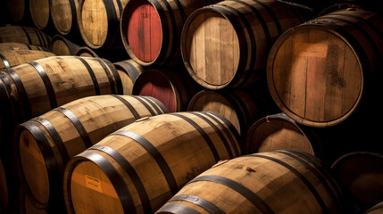 wooden oak barrels on cellar