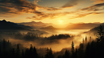 foggy morning landscape with mountains, forest and trees at sunrise