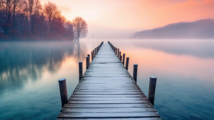 wooden pier or jetty on lake on misty morning sunrise