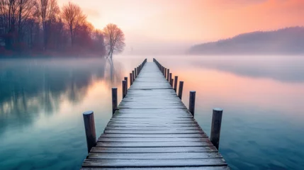 Fototapeten wooden pier or jetty on lake on misty morning sunrise © mimadeo