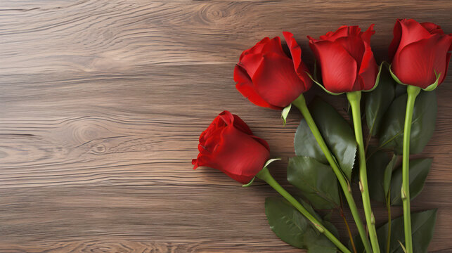 roses flowers on empty wooden table. romantic background with copyspace