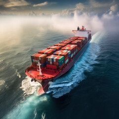 Cargo ship with shipping containers on the ocean water
