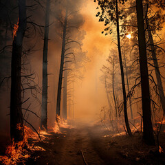 Path in the forest through a burning forest fire