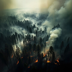Forest and smoke burn in a fire in the wilderness