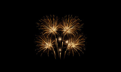 Fototapeta premium Party New Year design, Golden Shining Fireworks with golden stars. All light effects, stars isolated and grouped. Shining elements 2024. Holiday fireworks. golden Firework on black background Festive,