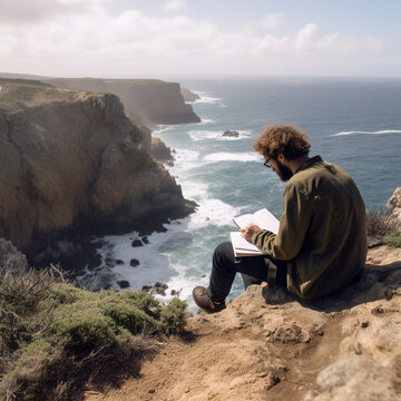 Hombre adulto sentado frente a un barranco escribiendo un diario creada con IA generativa