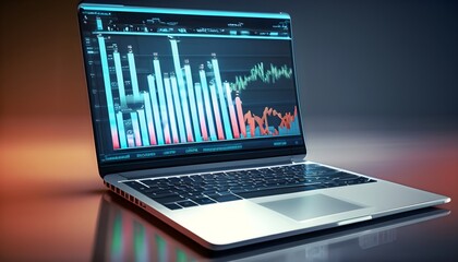 A laptop with graphs and trending markets. laptop, computer, business, screen, technology, pc, keyboard, chart, graph, monitor, internet, notebook, display, digital, network, AI Generated