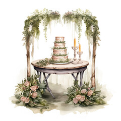 Wedding cake under arch decorated with roses and greenery, hand painted watercolor illustration