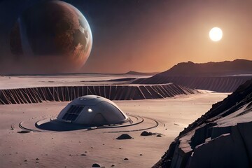 Fototapeta na wymiar A futuristic lunar home nestled in a vast lunar crater, with a panoramic view of Earth hanging in the starlit sky