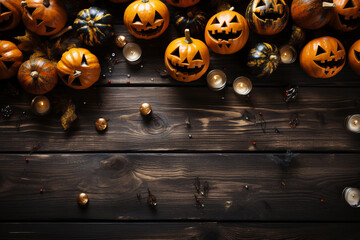 halloween background with pumpkins and candles on a wooden table