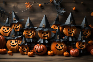 illustration of halloween background with smiling pumpkins and autumn leaves made of paper on a wooden table