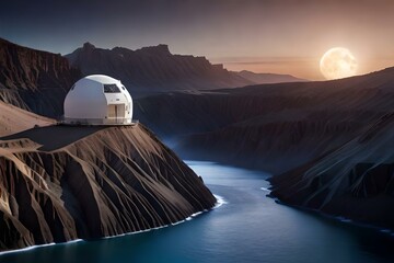 A futuristic lunar home nestled in a vast lunar crater, with a panoramic view of Earth hanging in the starlit sky