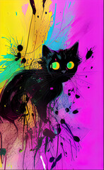 illustration of a black cat on a background of colored spots, design, ai