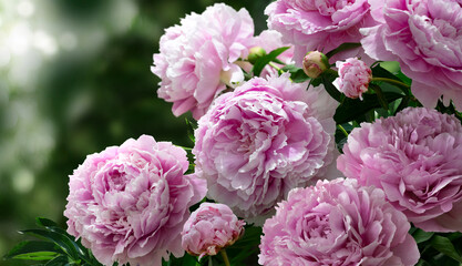 A bush of large light pink peonies isolated on a blurred garden background.