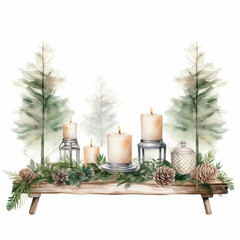 Watercolor wedding decor. Forest wedding table with greenery, cones and candles