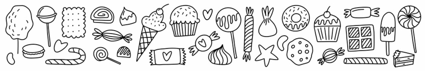 Horizontal illustration from a collection of sweets and various sweets, hand-drawn in the style of doodles
