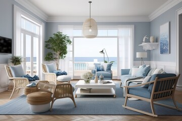 A coastal-inspired kitchen with blue and white decor. Generative AI