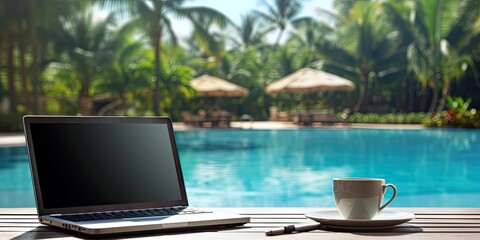 Fototapeta na wymiar Work by the poolside. With laptop on wooden table. Technology and business. Background for work where notebook opens up view to relax holiday. Lifestyle, travel and digital by cup of coffee