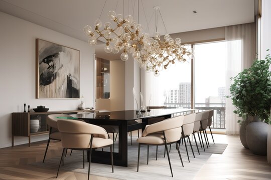 Contemporary dark dining room with two empty white mockup posters. generative ai