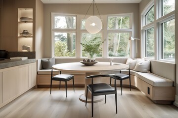 A cozy and inviting breakfast nook with a round table and comfortable seating, perfect for morning coffee. Generative AI