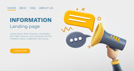 Megaphone landing page banner information, business communication. Vector