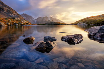 Peaceful evening light at an alpine lake.