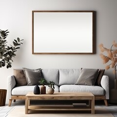 Living room with customizable picture frame, generative ai