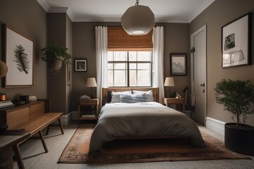 Luxury guest bedroom in vintage scandi styled. Generative AI