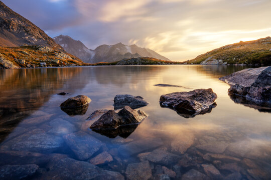 Peaceful evening light at an alpine lake.