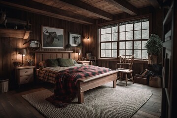 A cozy, cabin-style bedroom with a wooden bed frame. generative AI