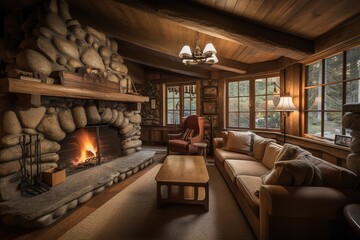 A cozy cabin-style Living Room with a wooden beam ceiling, a stone fireplace, and rustic furniture. generative ai