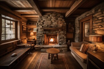 Obraz premium A cozy cabin-style Living Room with a wooden beam ceiling, a stone fireplace, and rustic furniture. generative ai