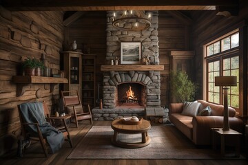 cozy, cabin-style living room with a stone fireplace. Generative AI