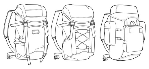 Set of rucksack Backpack bag flat sketch fashion illustration drawing template mock up, Hiking Backpack cad drawing. © Fathima Flats