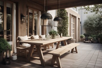 A lavish outdoor dining area featuring elegant design and stylish comfort in a luxurious summer setting. Generated AI