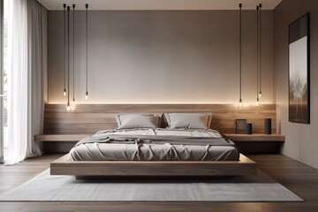 A minimalist mid-century modern bedroom with a platform. Generative AI