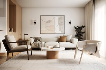 Fototapeta na wymiar Modern living room with vacant white wall and beige couch,. Generative AI