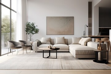 Modern living room with vacant white wall and beige couch,. Generative AI