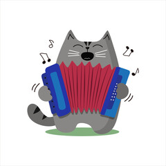 Cartoon cat sings and plays the harmonica. Cat musician. Animal, pet, musical instrument. Song, music. Vector illustration, background isolated.