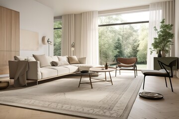 Naklejka na ściany i meble Modern living room with vacant white wall and beige couch,. Generative AI