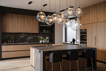 mid-century modern kitchen, featuring sleek and functional design, with a mix of materials for a stylish look. generative ai