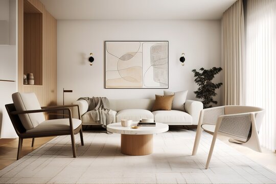 Modern living room with vacant white wall and beige couch,. Generative AI