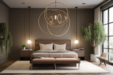 A serene and minimalist bedroom with a sleek platform bed and soft lighting, perfect for restful sleep. Generative AI