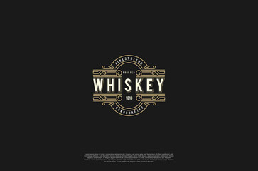 Old label vintage badge whiskey emblem logo design. Calligraphy swirl ornament. Vector design element