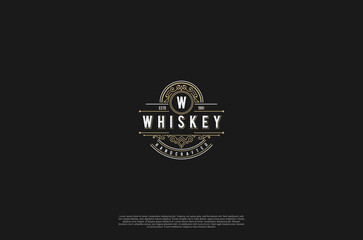 Old label vintage badge whiskey emblem logo design. Calligraphy swirl ornament. Vector design element