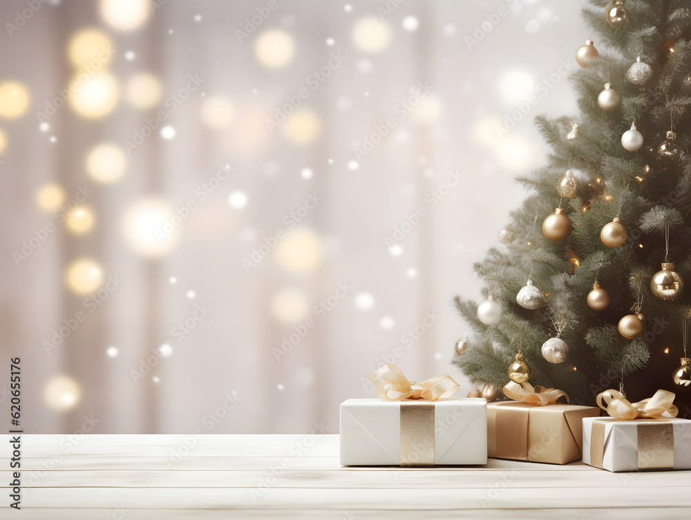 Wall mural empty white table with christmas tree blurred background for product display
